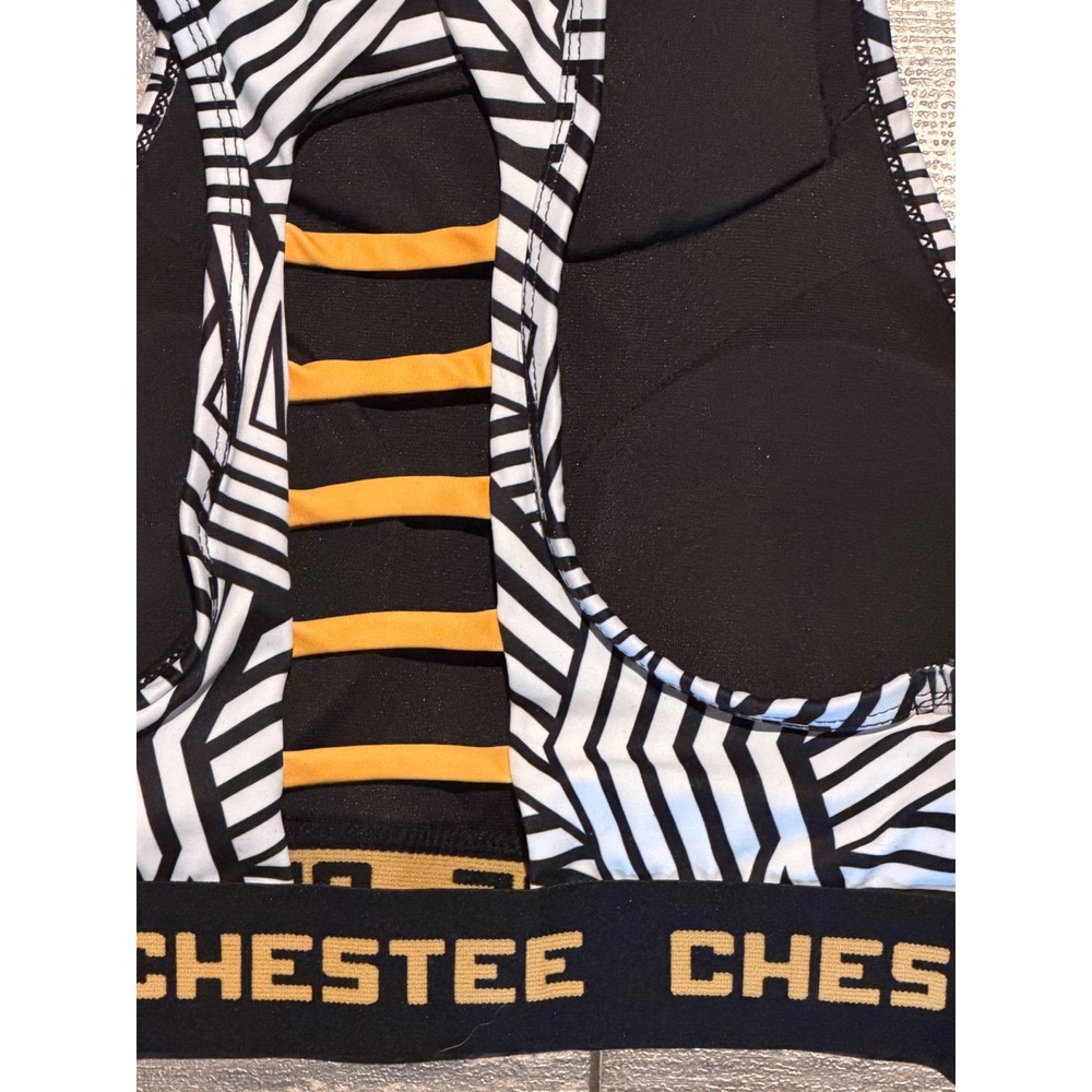 Chestee Padded Collar Weightlifting Sports Bra Geometric Black White Gold XS\S - Picture 3 of 5